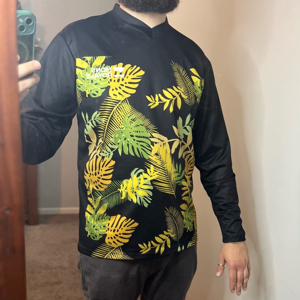 Mons Royale Black and Green Leaf Print Long Sleeve Jersey